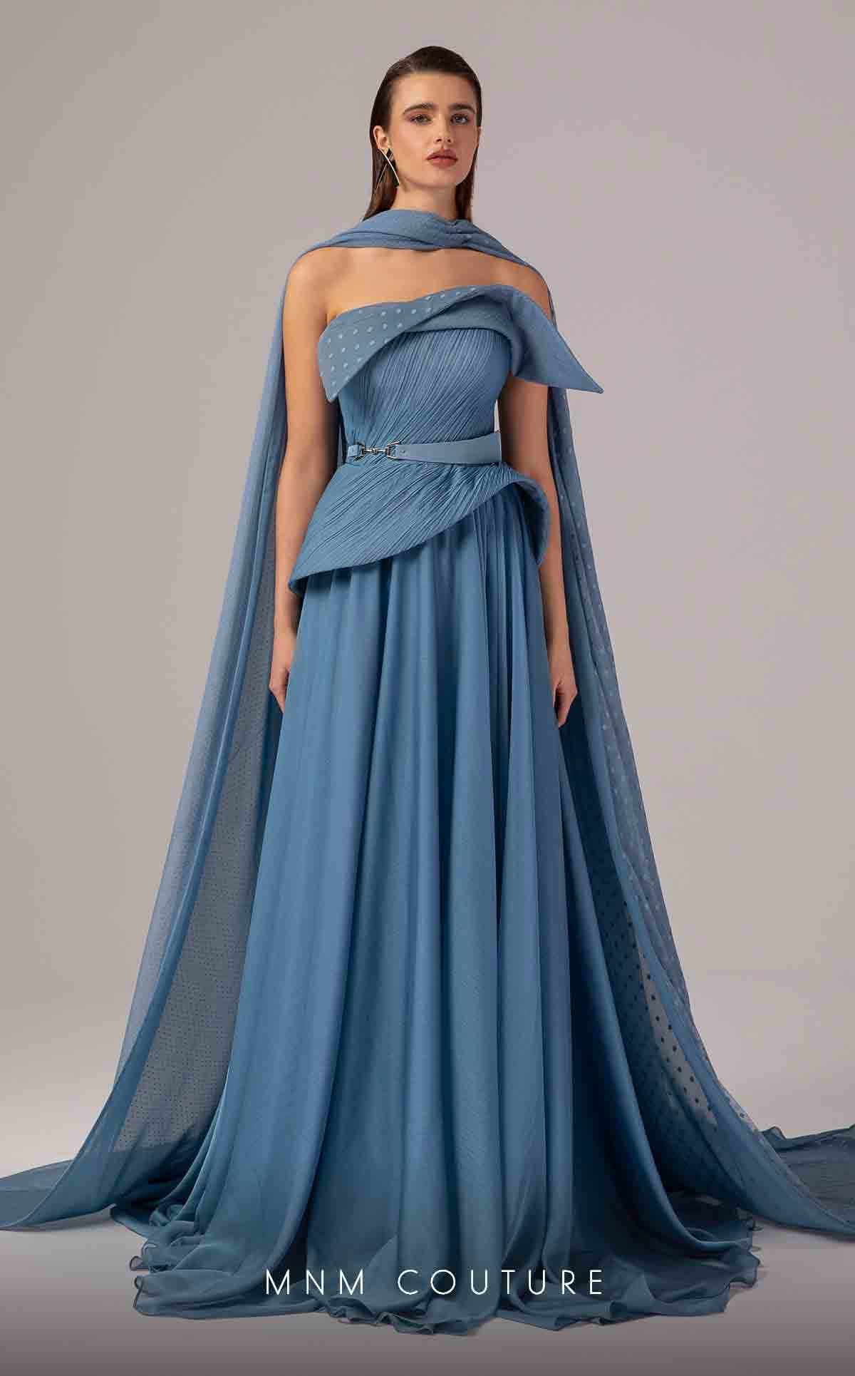 MNM Couture E0096 Blue Off-Shoulder Evening Gown