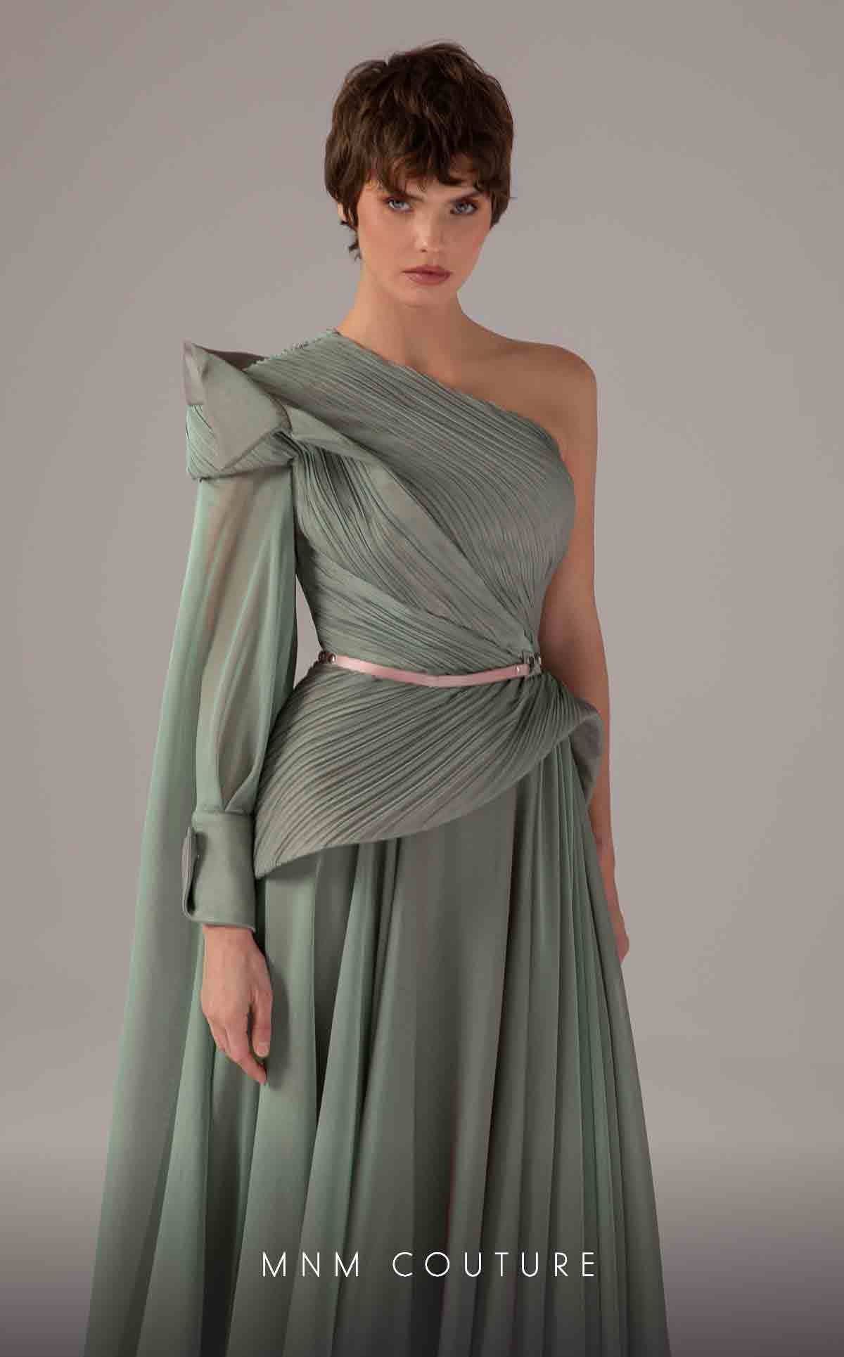 MNM Couture E0097 Green One-Shoulder Long Evening Gown