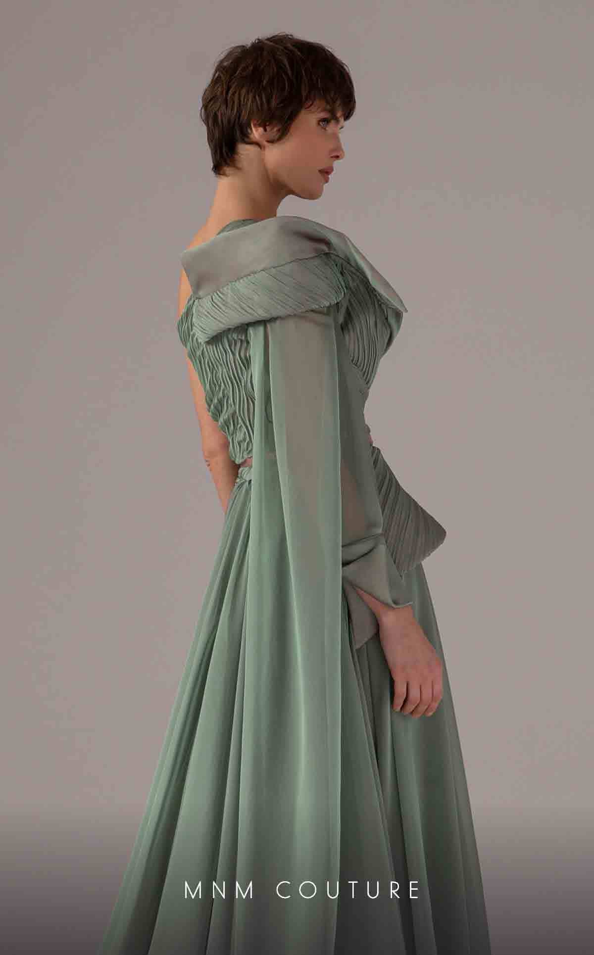 MNM Couture E0097 Green One-Shoulder Long Evening Gown