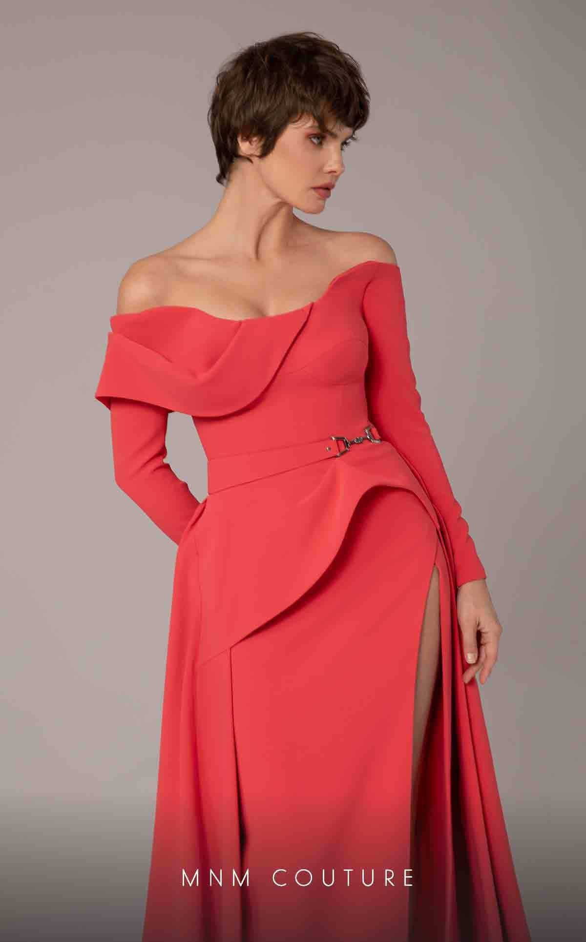 MNM Couture E0099 Coral Off-Shoulder Long Sleeve Gown