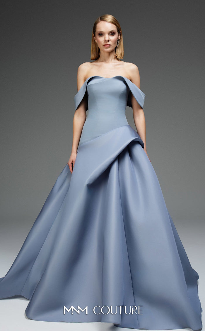 MNM Couture E0103 Off-Shoulder Black Ballgown with Sculpted Folds