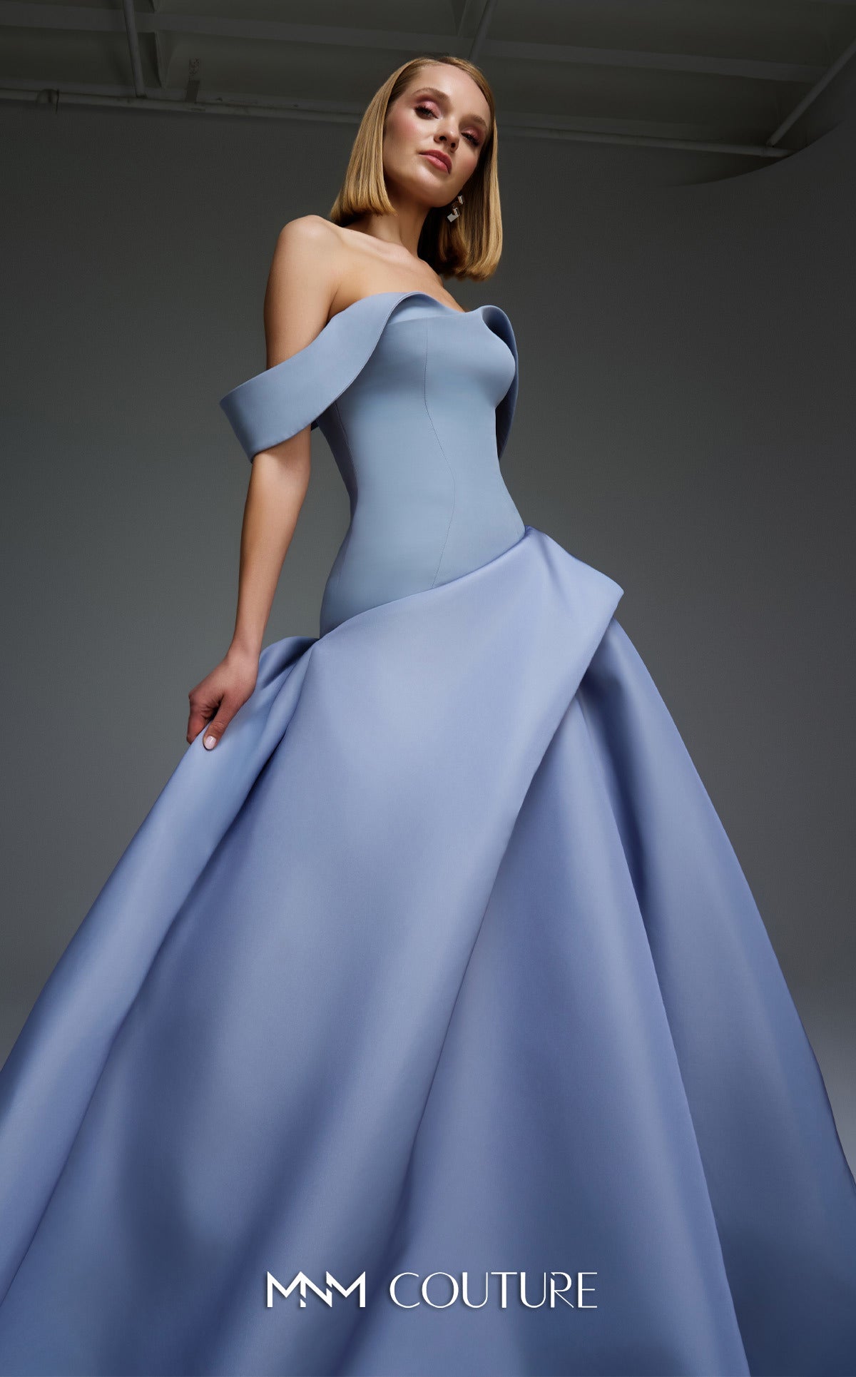 MNM Couture E0103 Off-Shoulder Black Ballgown with Sculpted Folds