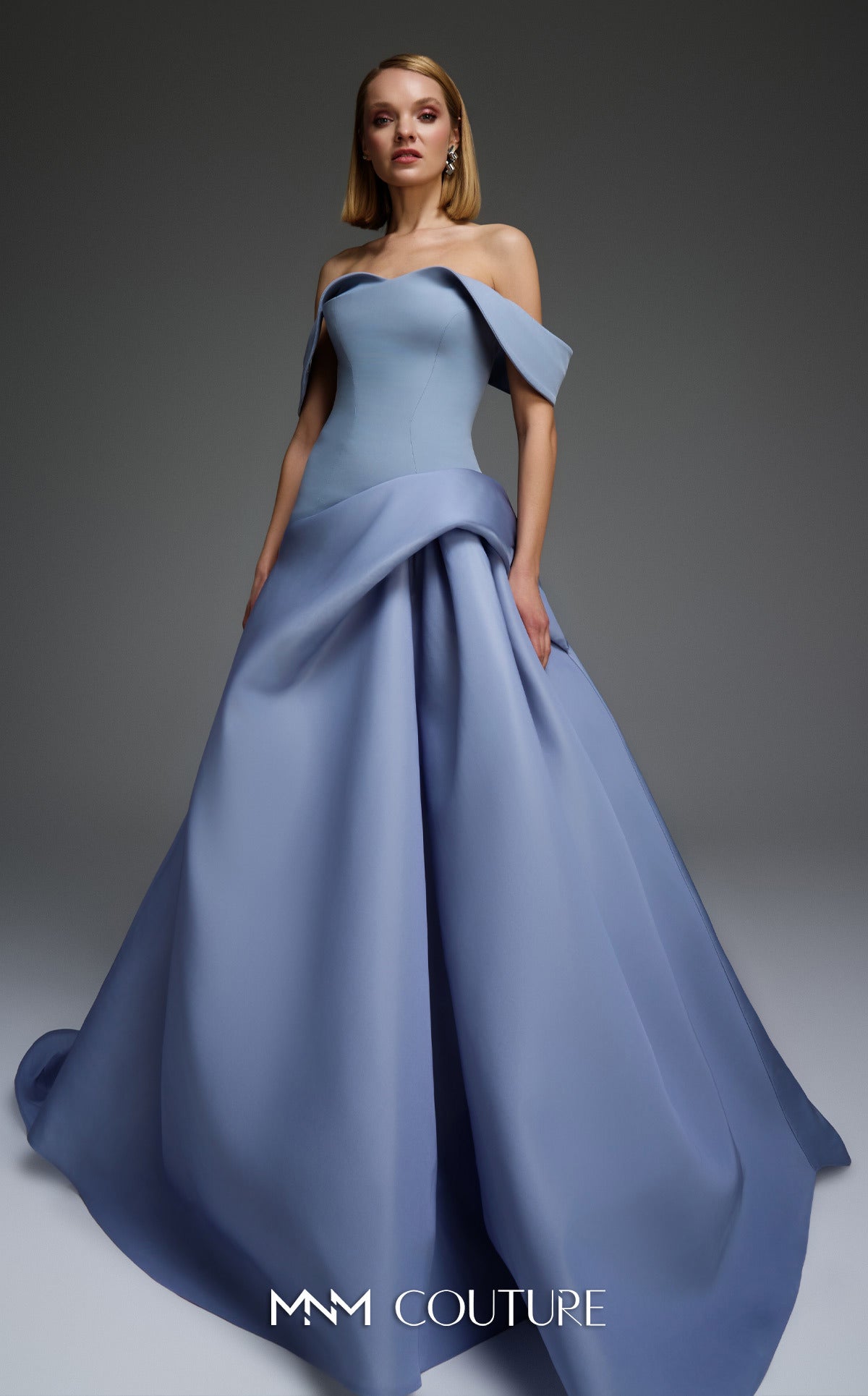 MNM Couture E0103 Off-Shoulder Black Ballgown with Sculpted Folds
