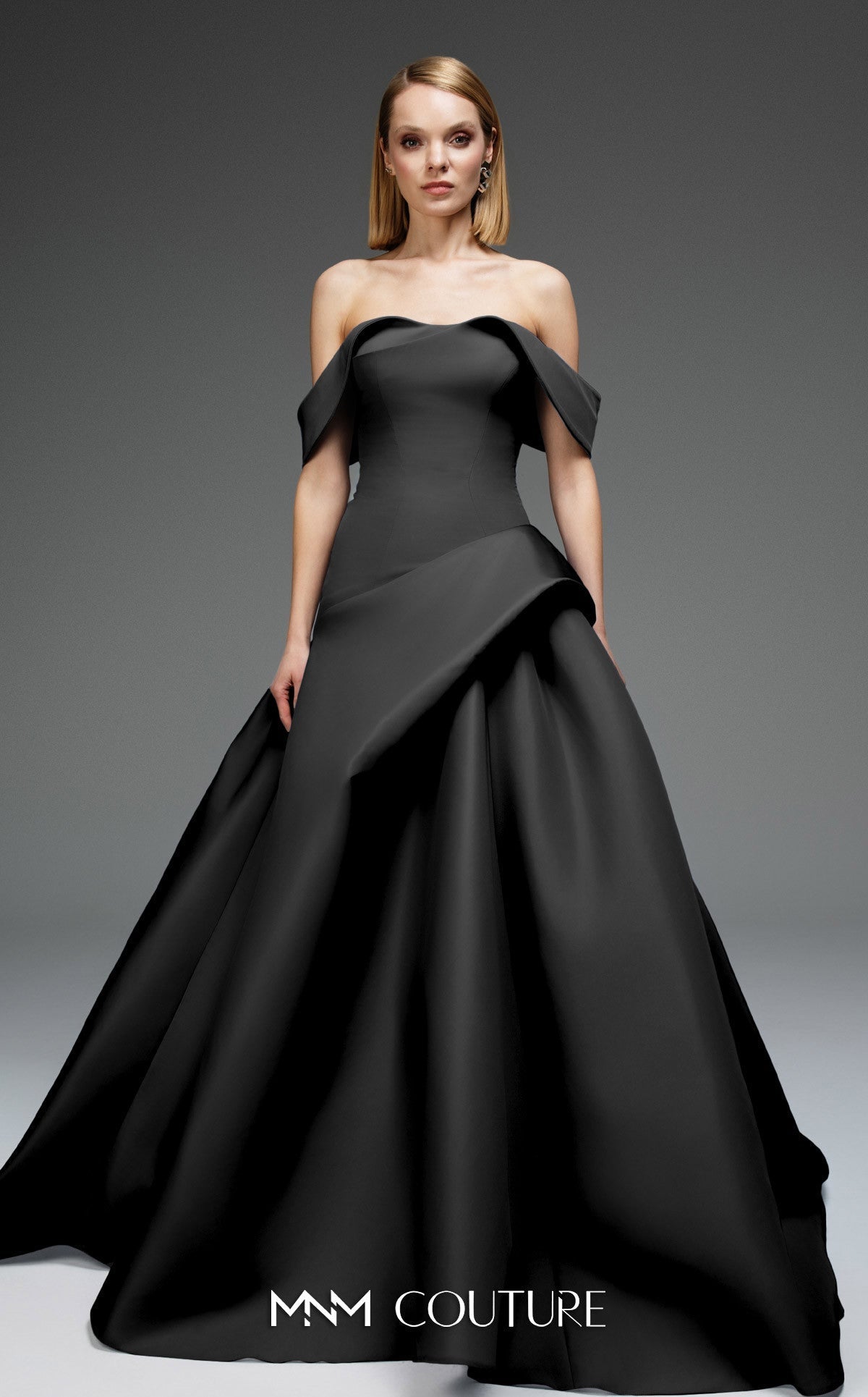MNM Couture E0103 Off-Shoulder Black Ballgown with Sculpted Folds