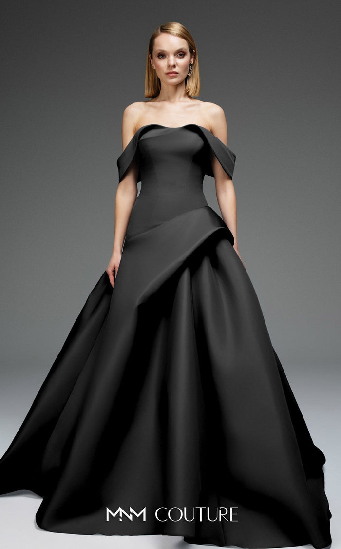 MNM Couture E0103 Off-Shoulder Black Ballgown with Sculpted Folds