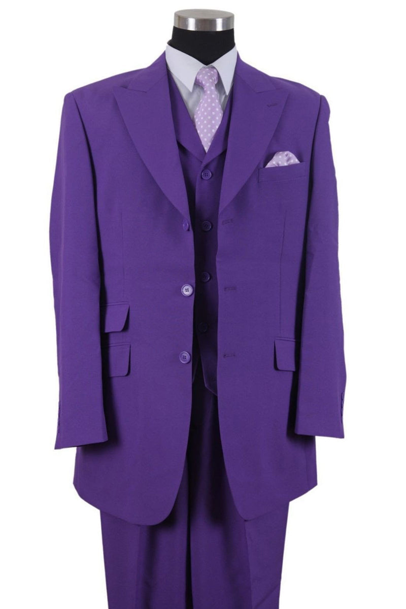 Mens Purple 3 Button Vested Peak Lapel Suit