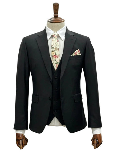 Mens Giovanni Testi 3 Piece Suit in Black – Notch Lapel 2 Button Jacket with Side Vents & Comfort Flex Waist Pants