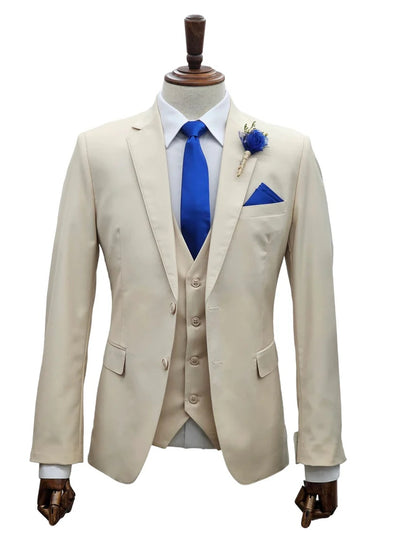 Mens Giovanni Testi Sand 3 Piece Suit – Formal 2 Button Blazer, Vest & Comfort Flex Waist Trousers