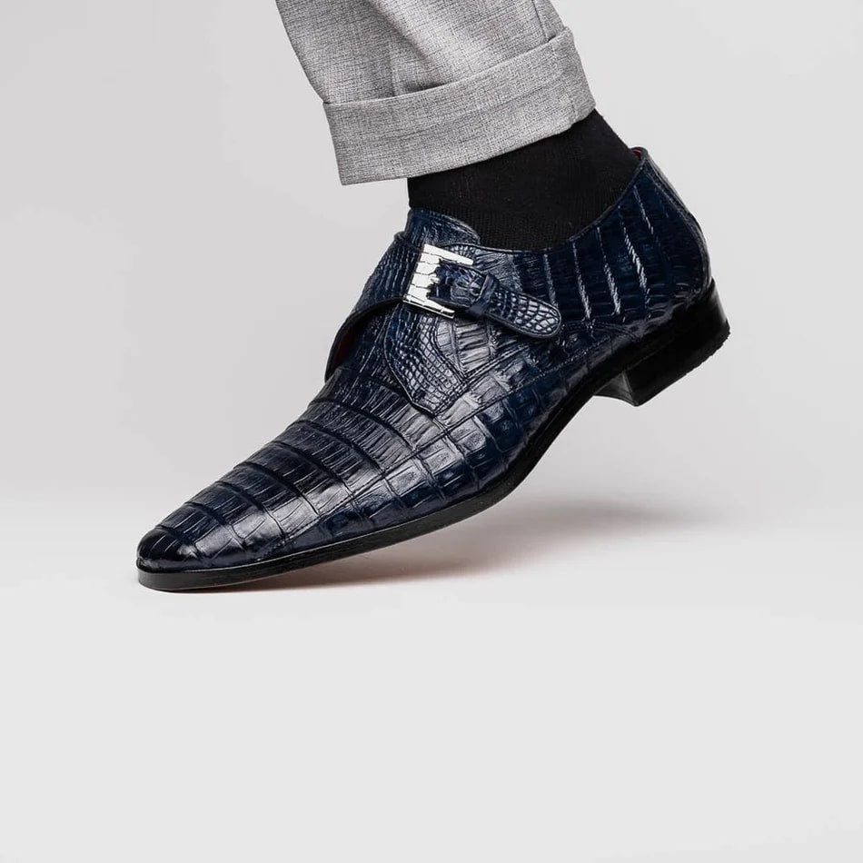 Rovigo Navy Crocodile Skin Single Monk Loafers