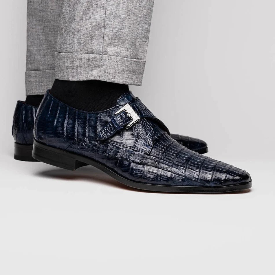 Rovigo Navy Crocodile Skin Single Monk Loafers