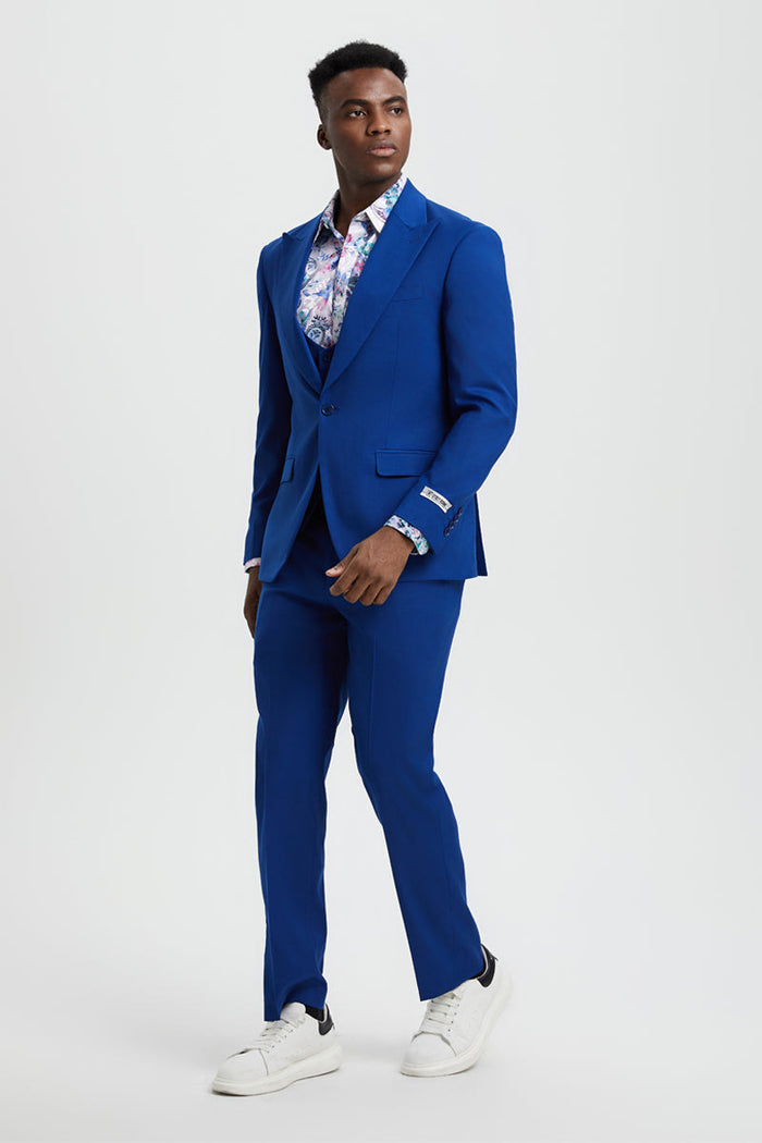 Men's Vested One Button Peak Lapel Stacy Adams Suit in Indigo Blue
