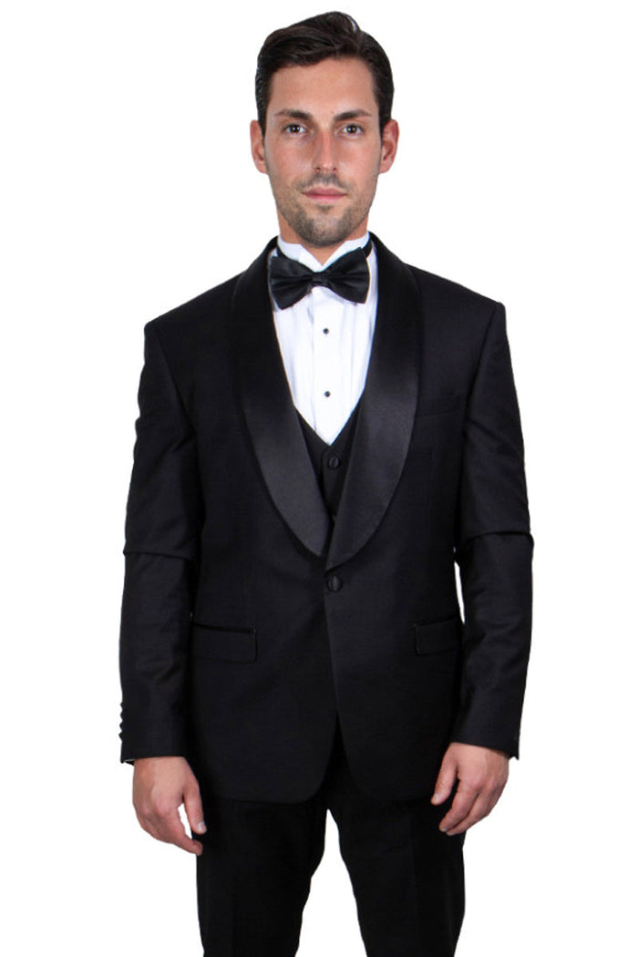 Black Slim Fit Tuxedo with Large Shawl Lapel – 3 Piece Wedding & Prom Set