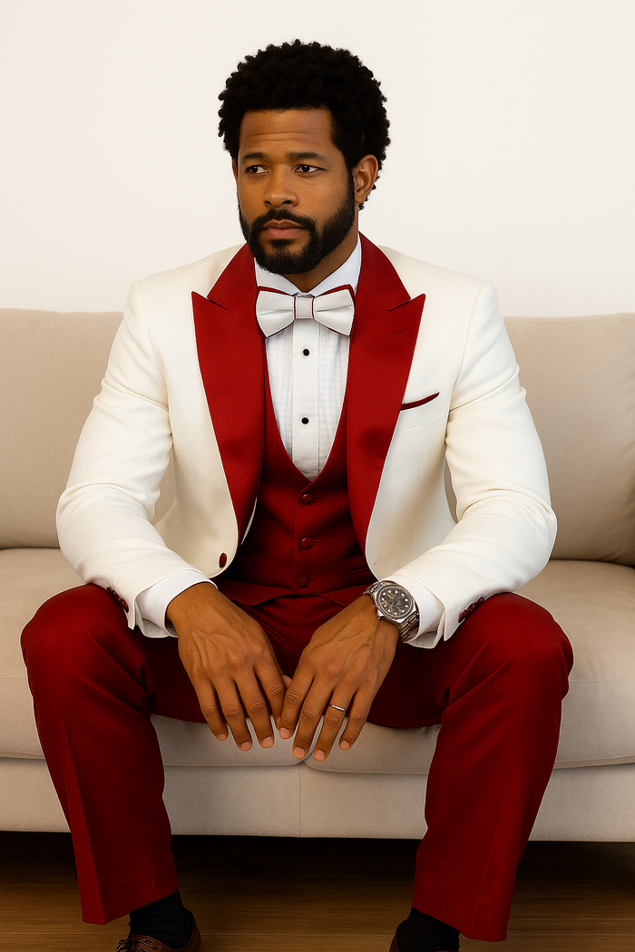 Hilton White Red Paisley Peak Lapel Tuxedo Set