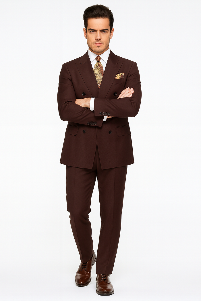 Double Breasted Vested Wool Suit in Brown