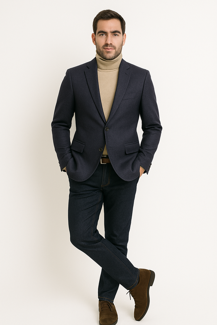 Navy Cashmere Two Button Jacket with Notch Lapel