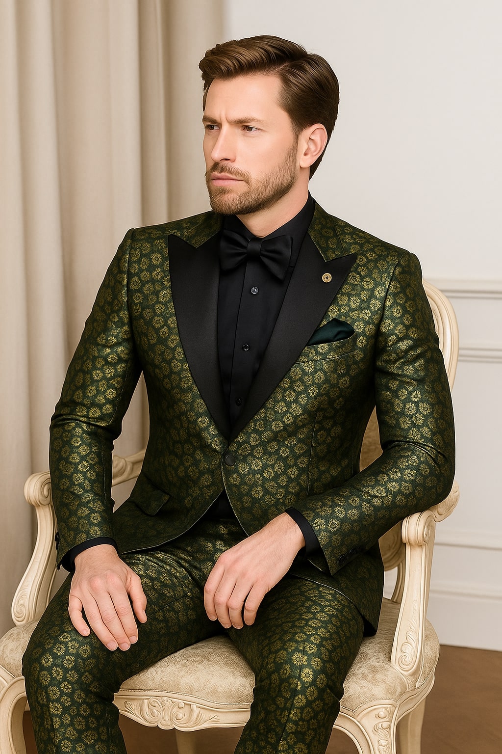 Emerald Green Gold Floral Tuxedo for Men