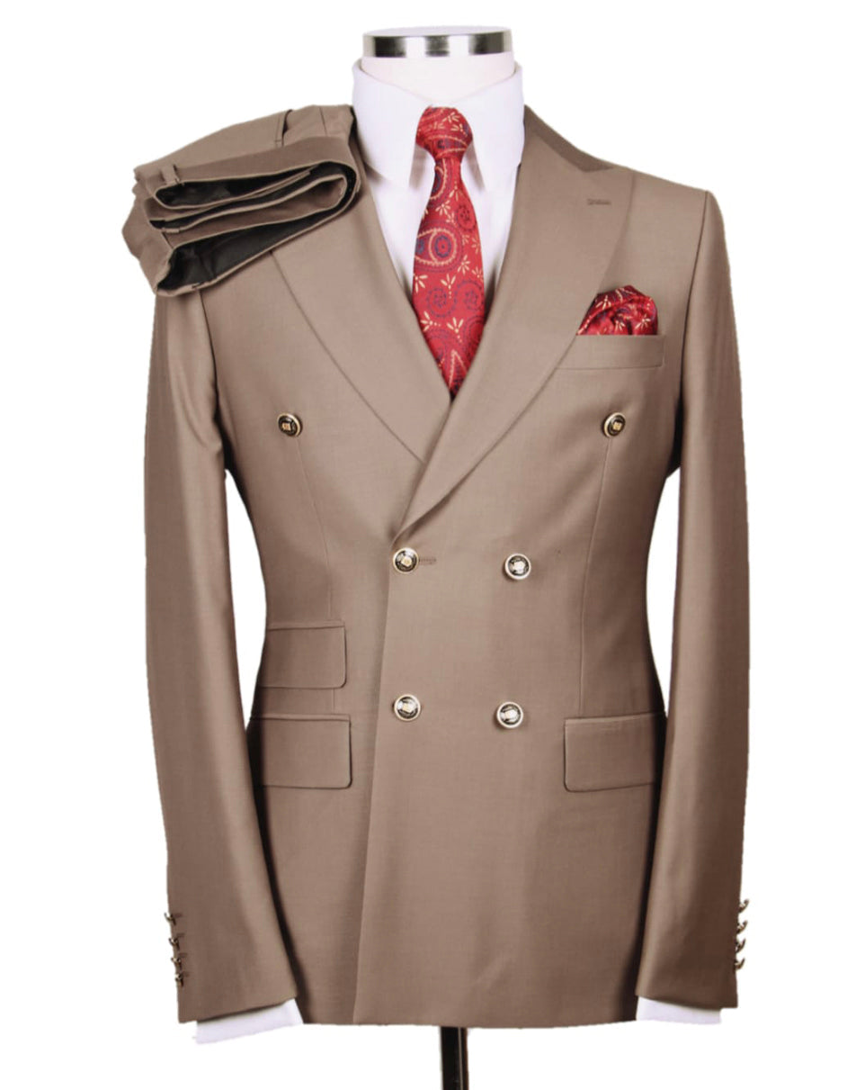 Modern Fit Double Breasted Wool Suit in Tan