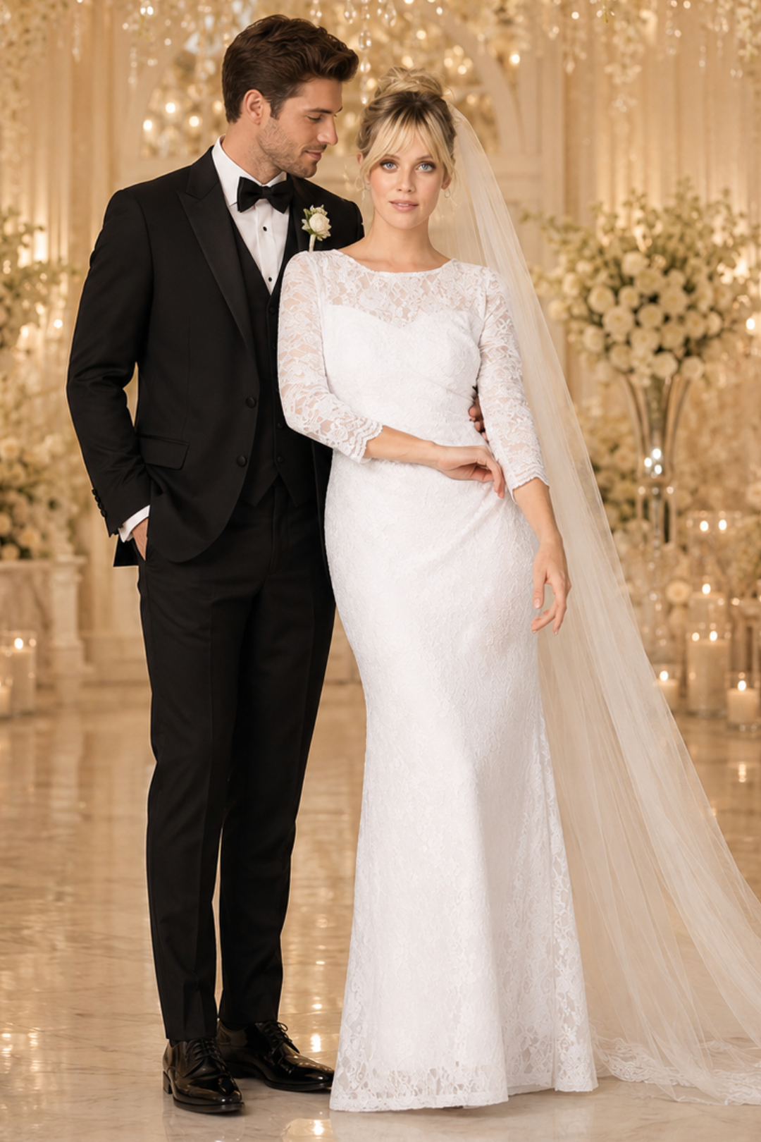 Eva USA 3397 Ruched 3/4 Sleeve White Wedding Dress
