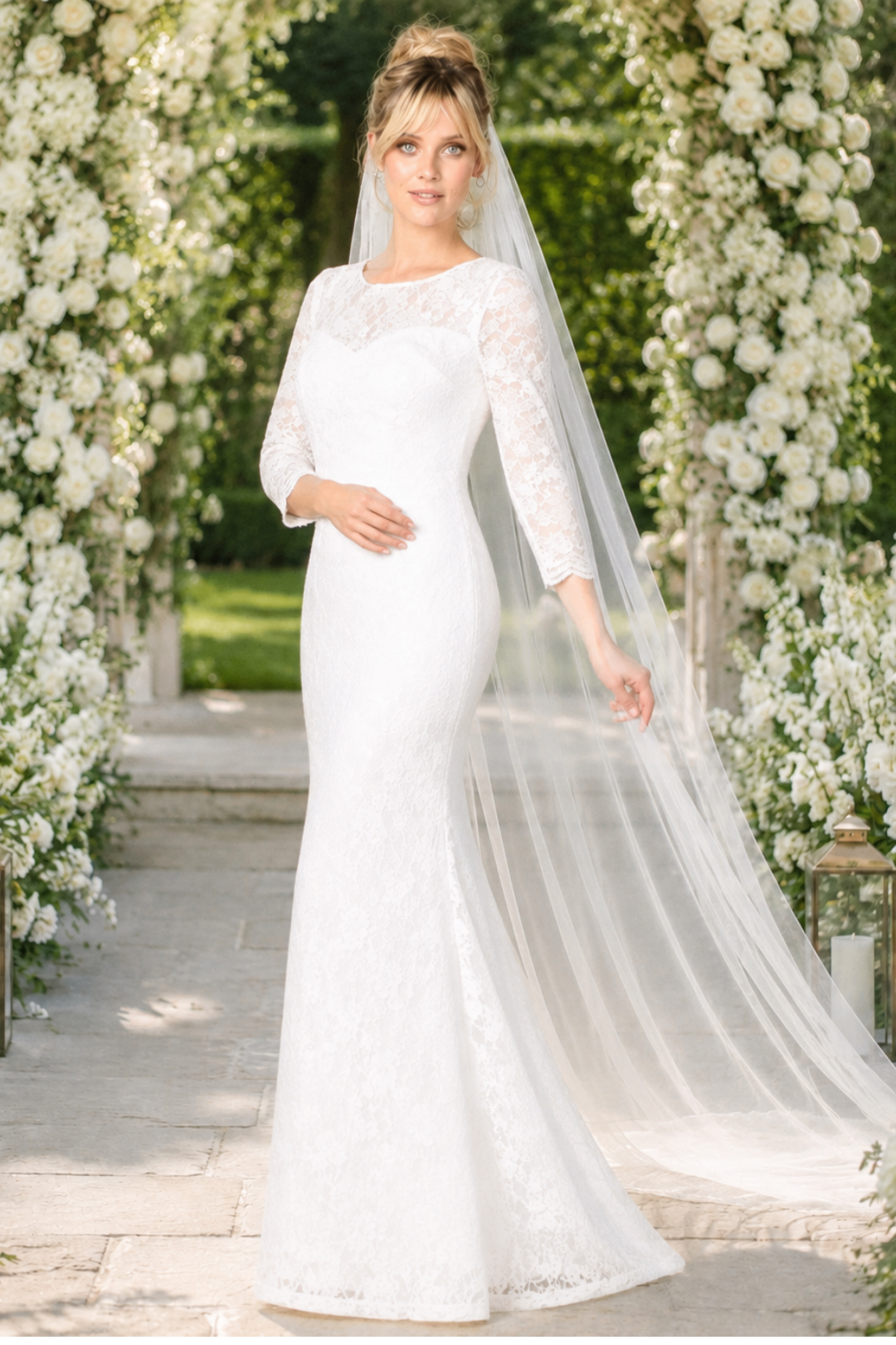 Eva USA 3397 Ruched 3/4 Sleeve White Wedding Dress