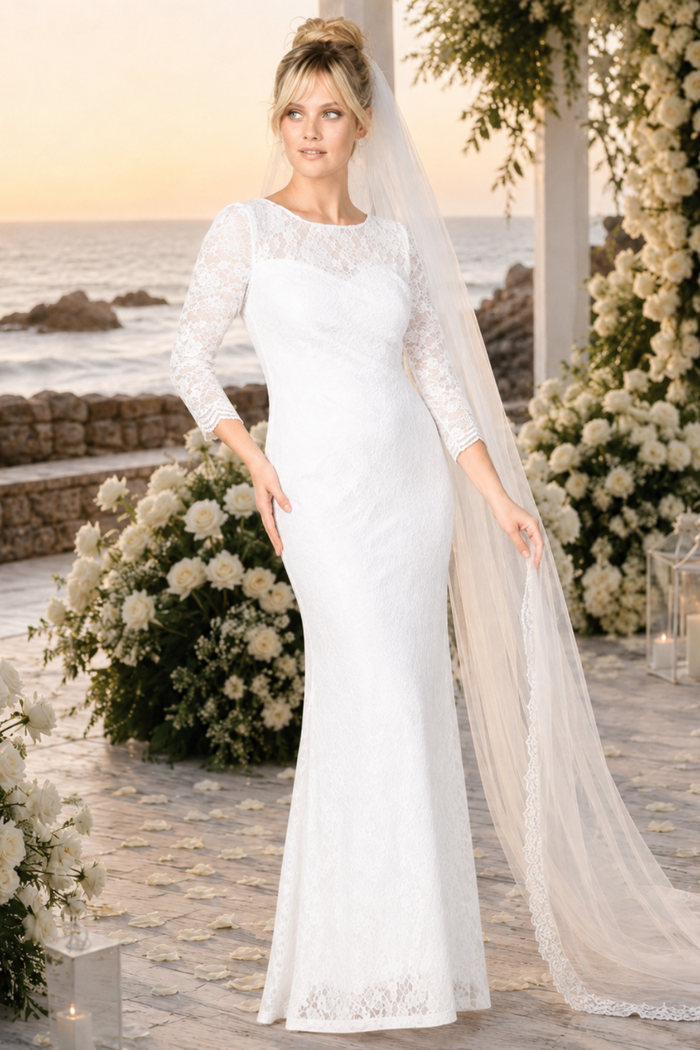 Eva USA 3397 Ruched 3/4 Sleeve White Wedding Dress