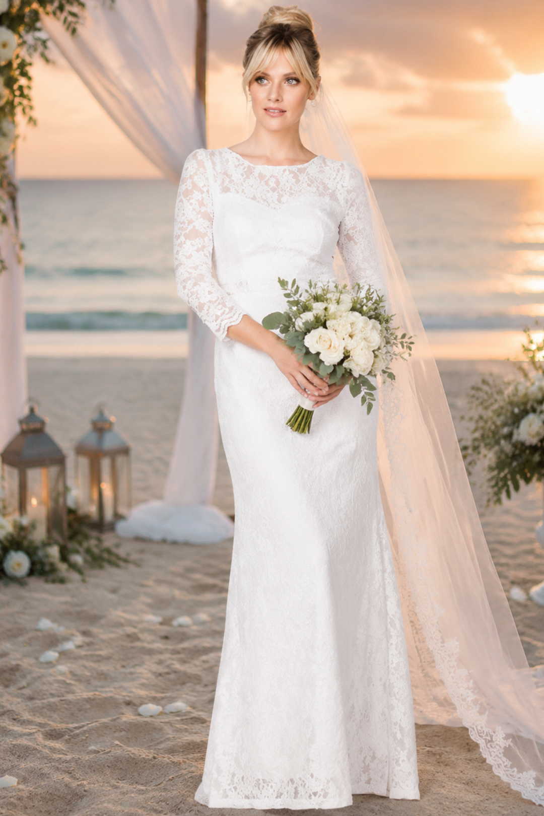 Eva USA 3397 Ruched 3/4 Sleeve White Wedding Dress