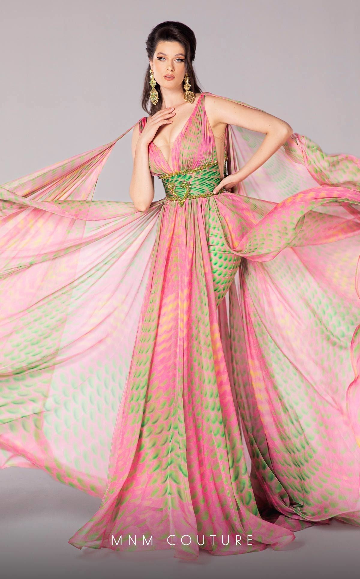 Fouad Sarkis F02828 Plunging Neck Cape Gown