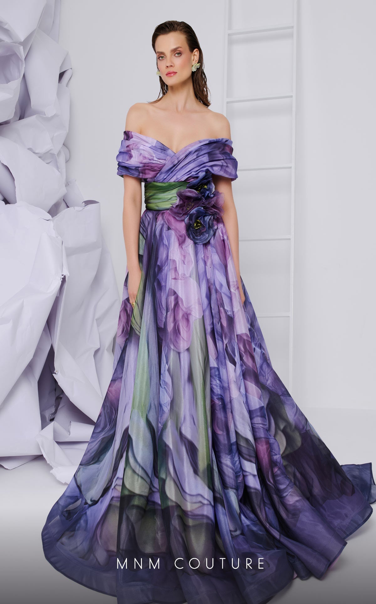 Fouad Sarkis F02855 Lilac Off-Shoulder Floral Ball Gown