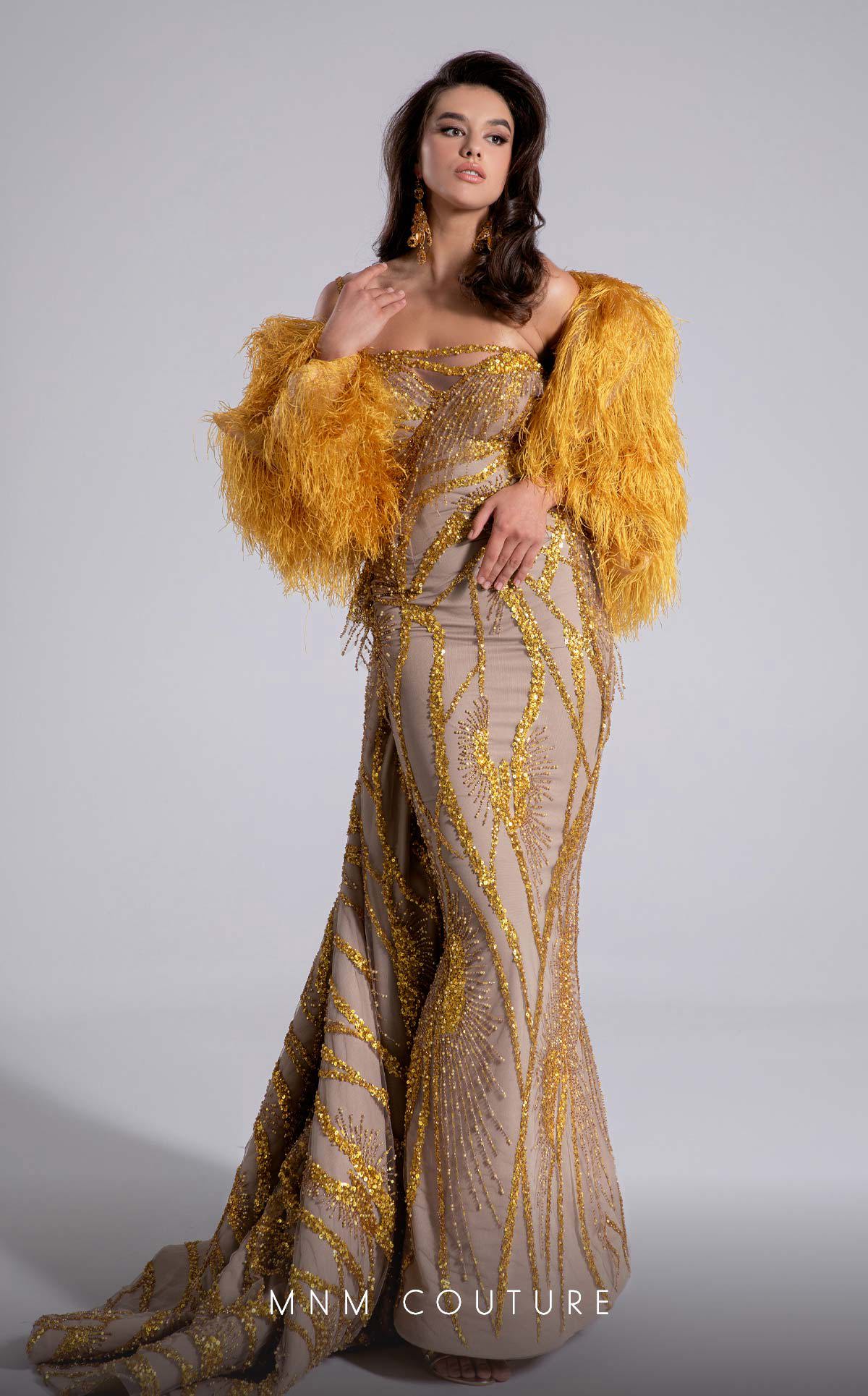 Fouad Sarkis F02914 One-Shoulder Evening Gown in Gold