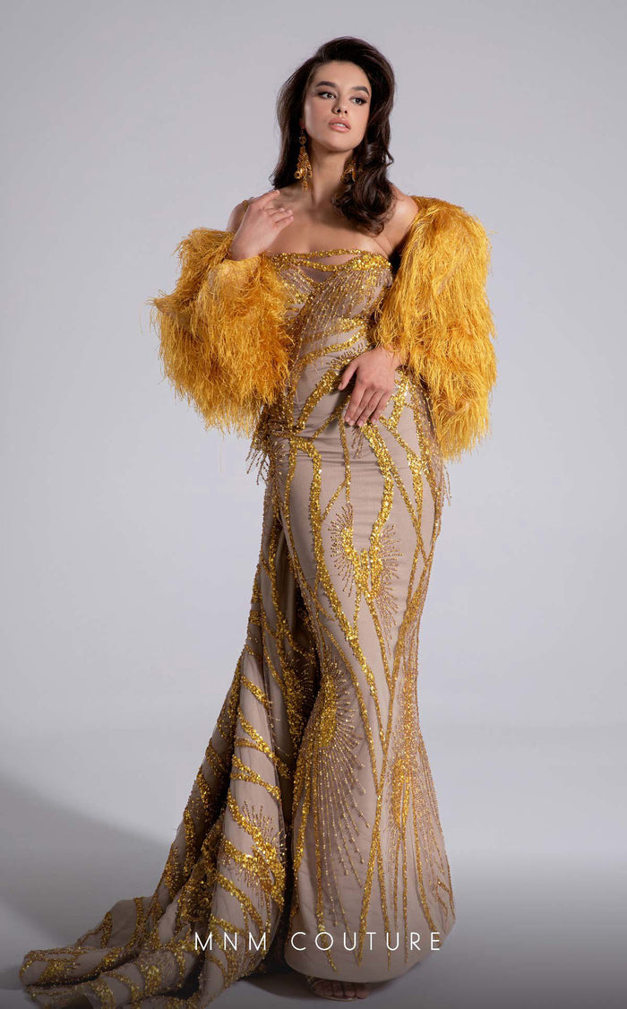 Fouad Sarkis F02914 One-Shoulder Evening Gown in Gold
