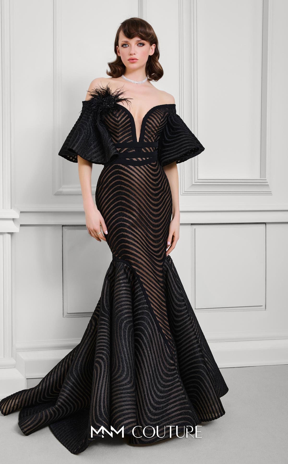 Fouad Sarkis F02925 Off-Shoulder Mesh Mermaid Gown in Black