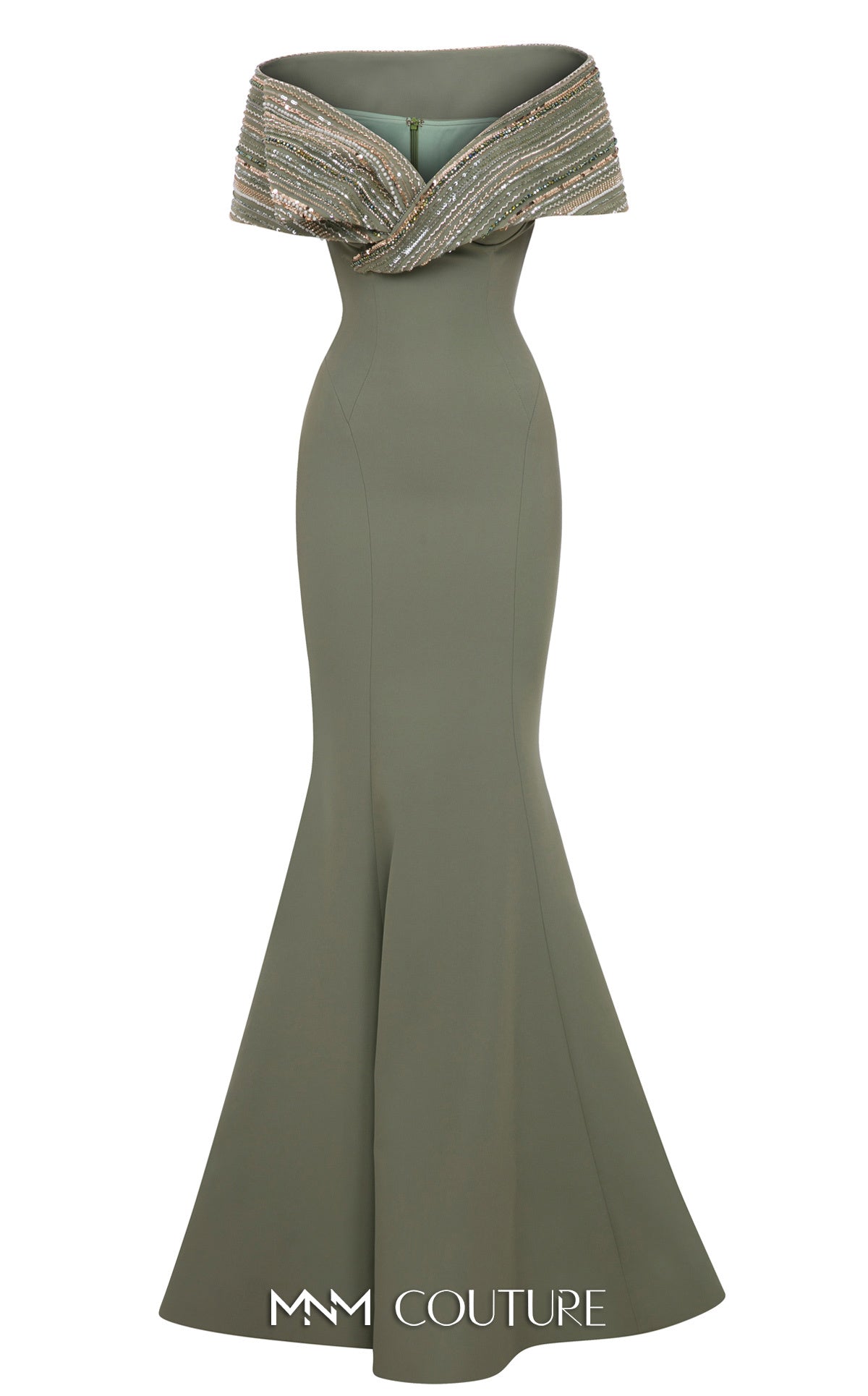 Sequin Embellished Off-Shoulder Gown in Mint by MNM Couture