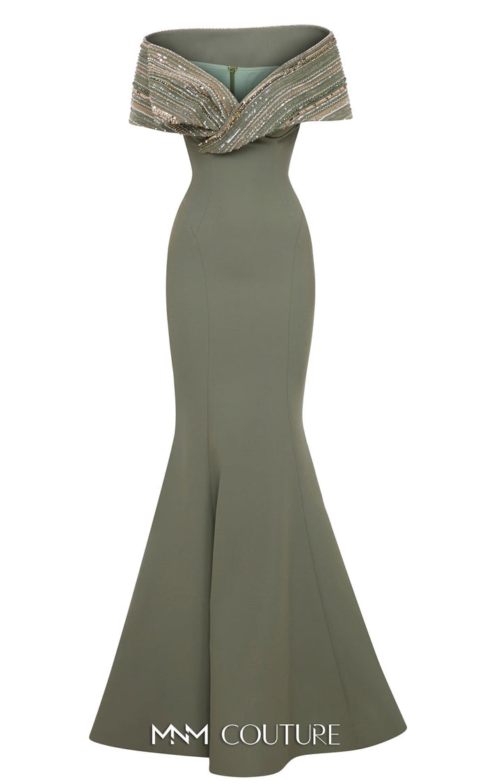 Sequin Embellished Off-Shoulder Gown in Mint by MNM Couture