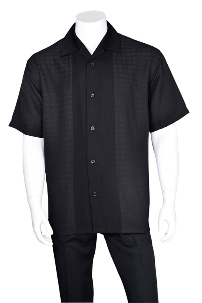 Mens Short Sleeve Tonal Windowpane Leisure Set in Black