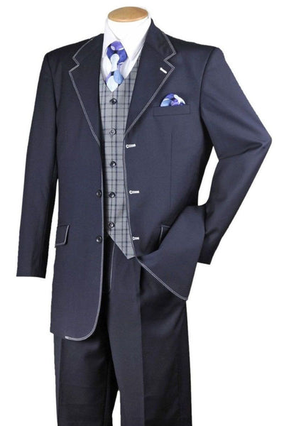 3 Button Navy Suit with Plaid Vest