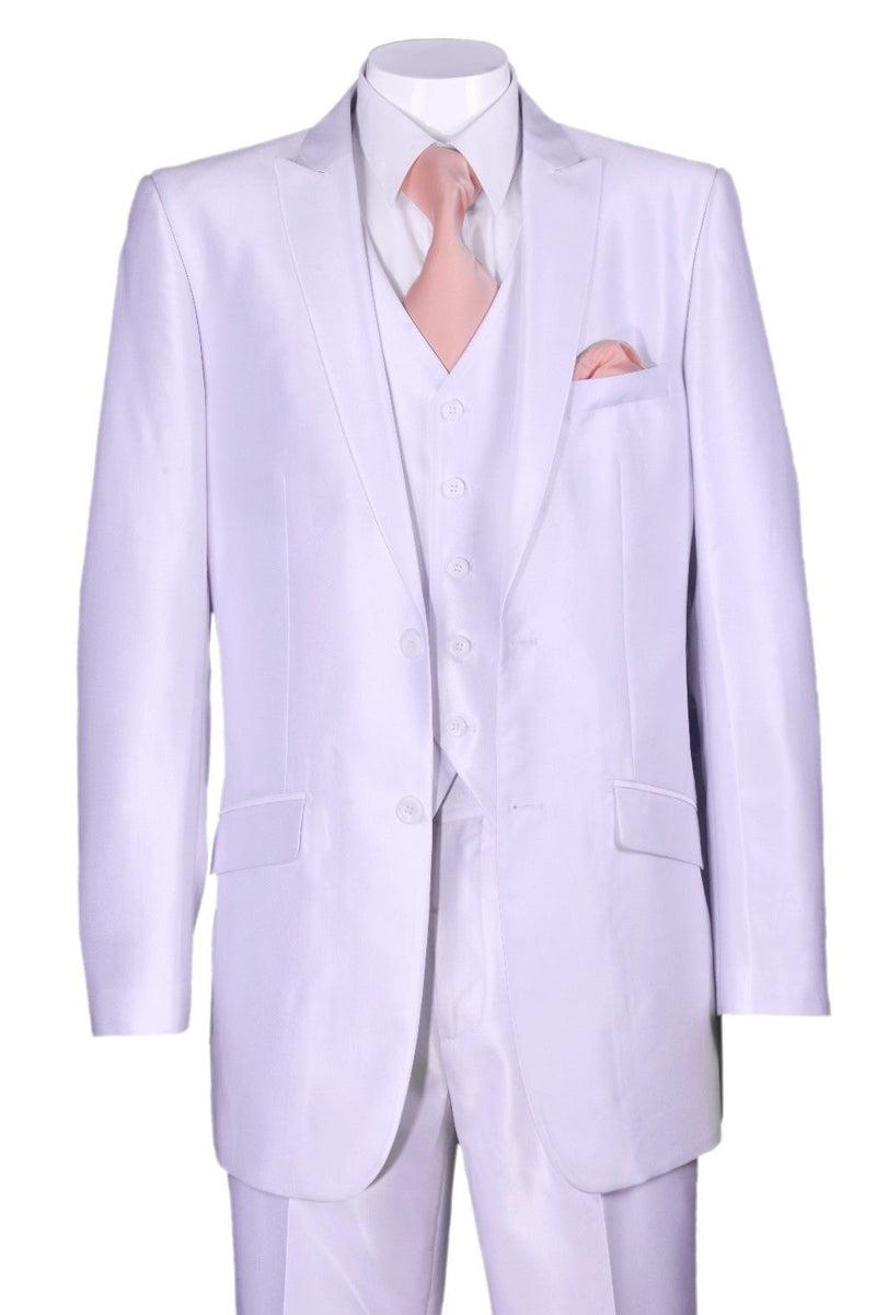 White Vested Peak Lapel Sharkskin Suit