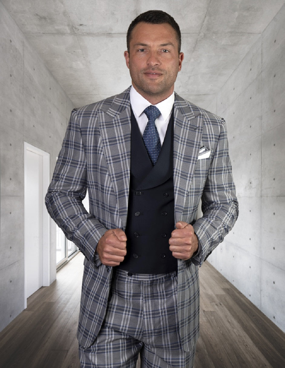 One Button Peak Lapel Navy Suit & Vest Set