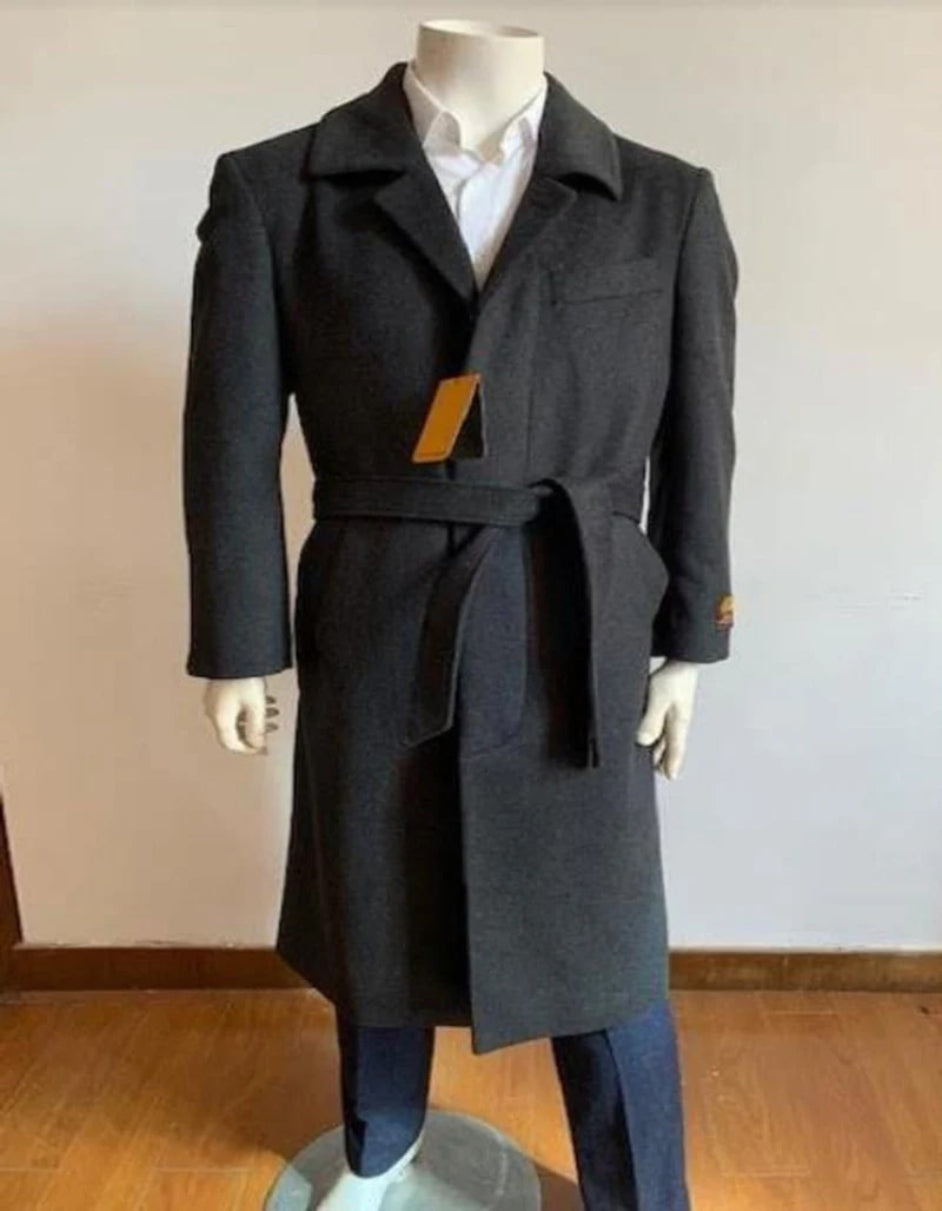 Men's Black Wool Belted Topcoat by Falcone