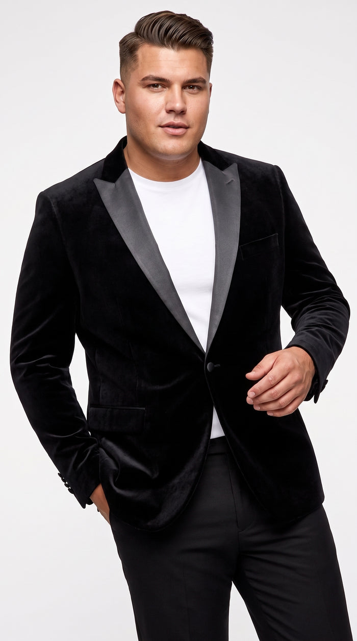 Men’s Black Big and Tall Velvet Blazer with Satin Lapel, Formal Sport Coat for Wedding and Prom