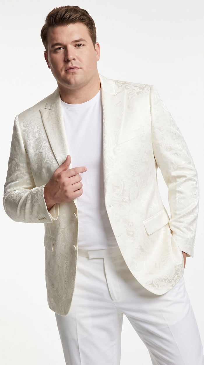 Men’s Off White Paisley Pattern Party Blazer, 1 Button Fancy Formal Suit Jacket