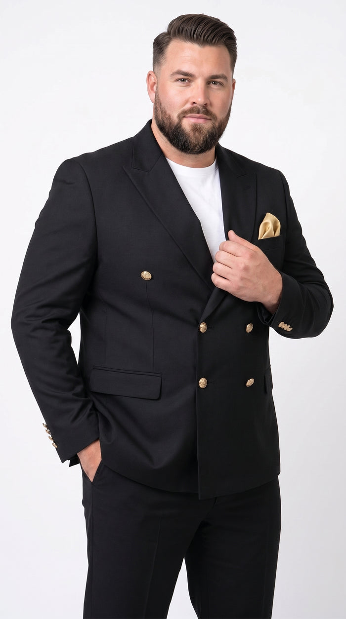 Men’s Black Double Breasted Blazer with Gold Buttons, Formal Sport Coat for Wedding and Business