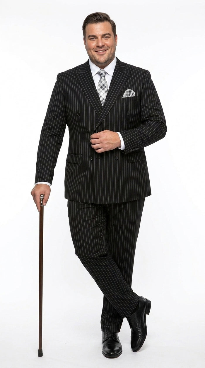 Men’s Black Bold Pinstripe Double-Breasted Wool Suit – Designer Gangster Wedding and Formal Suit