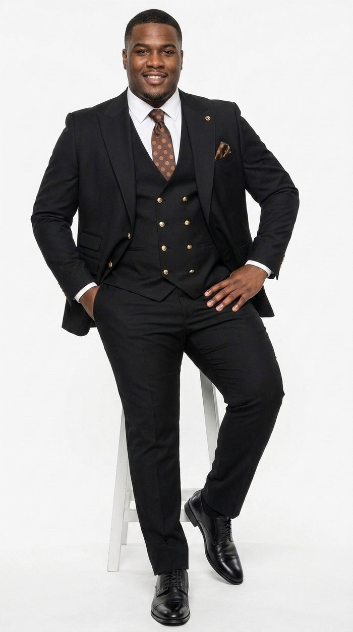 Men’s Black Wool Suit with Gold Buttons, One Button Formal Wedding Business Suit with Double Breasted Vest