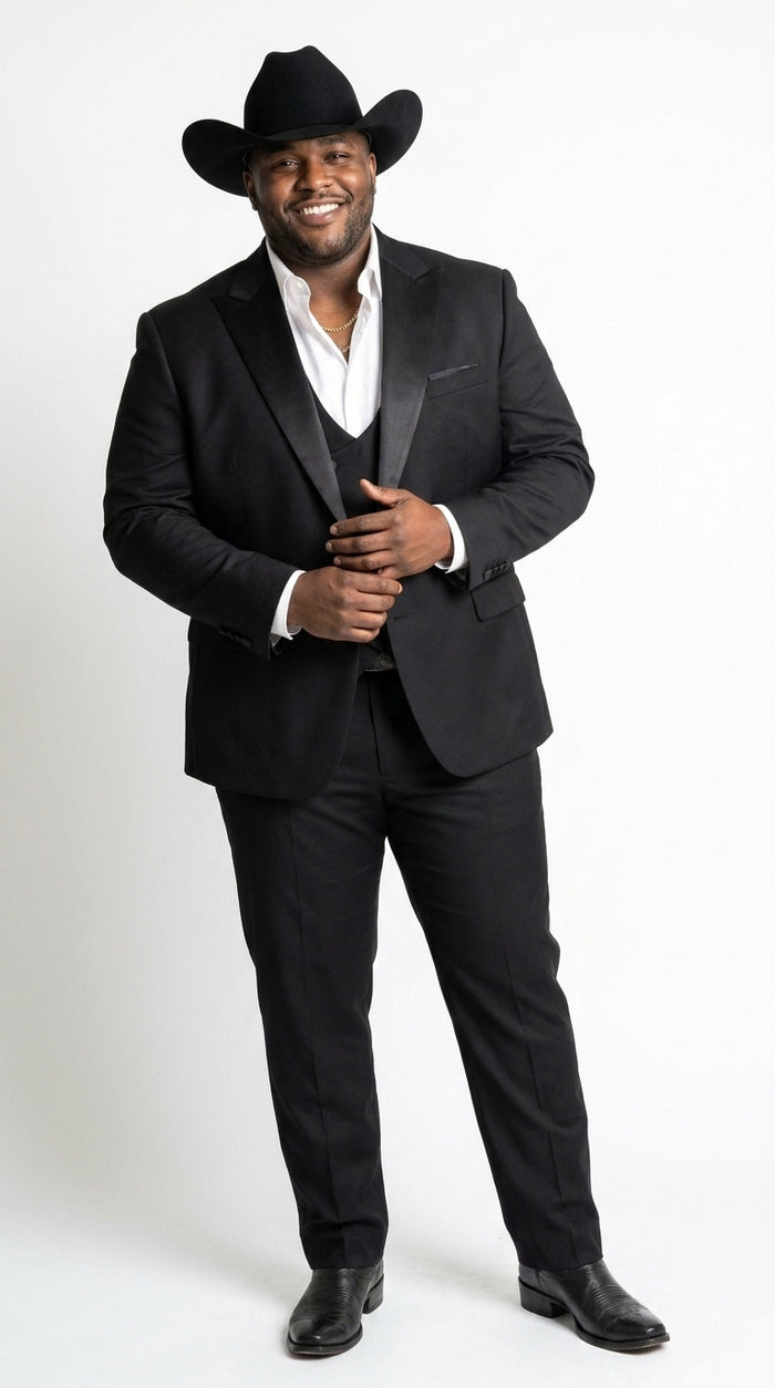 Men’s Black Western Tuxedo Suit with Satin Shawl Lapel, Double Breasted Vest Formal Cowboy Suit