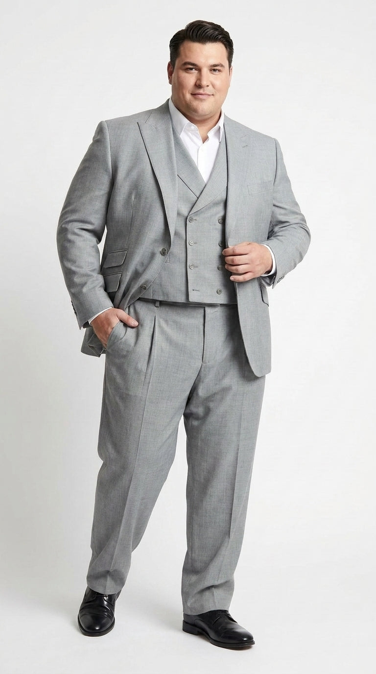 Men’s Grey Classic Fit 3-Piece Suit – Double-Breasted Vest with Pleated Pants for Atheltic Fit Real Super 150's Wool, Business and Formal Events