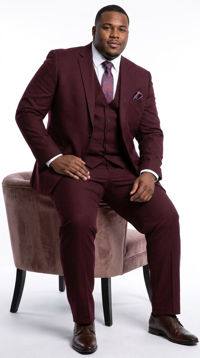 Men’s Burgundy 3-Piece Wool Suit – Regular Fit Wedding, Business and Formal Suit with Pleated Pants