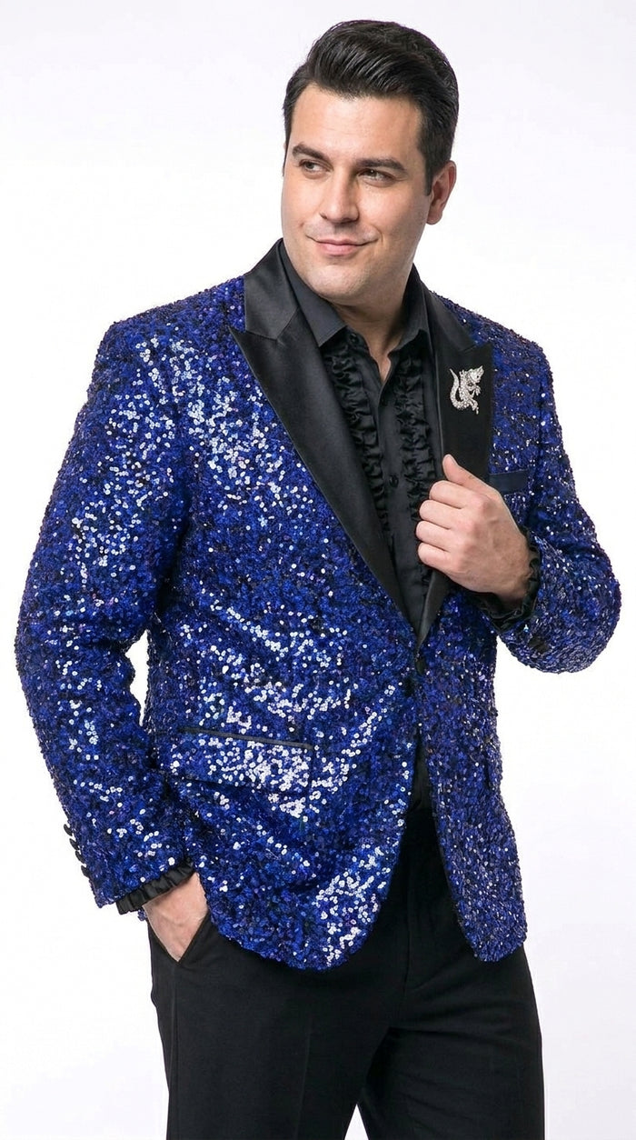Men’s Royal Blue & Black Sequin Paisley Dinner Jacket – Glitter Sparkly Prom, Wedding and Party Tuxedo Blazer