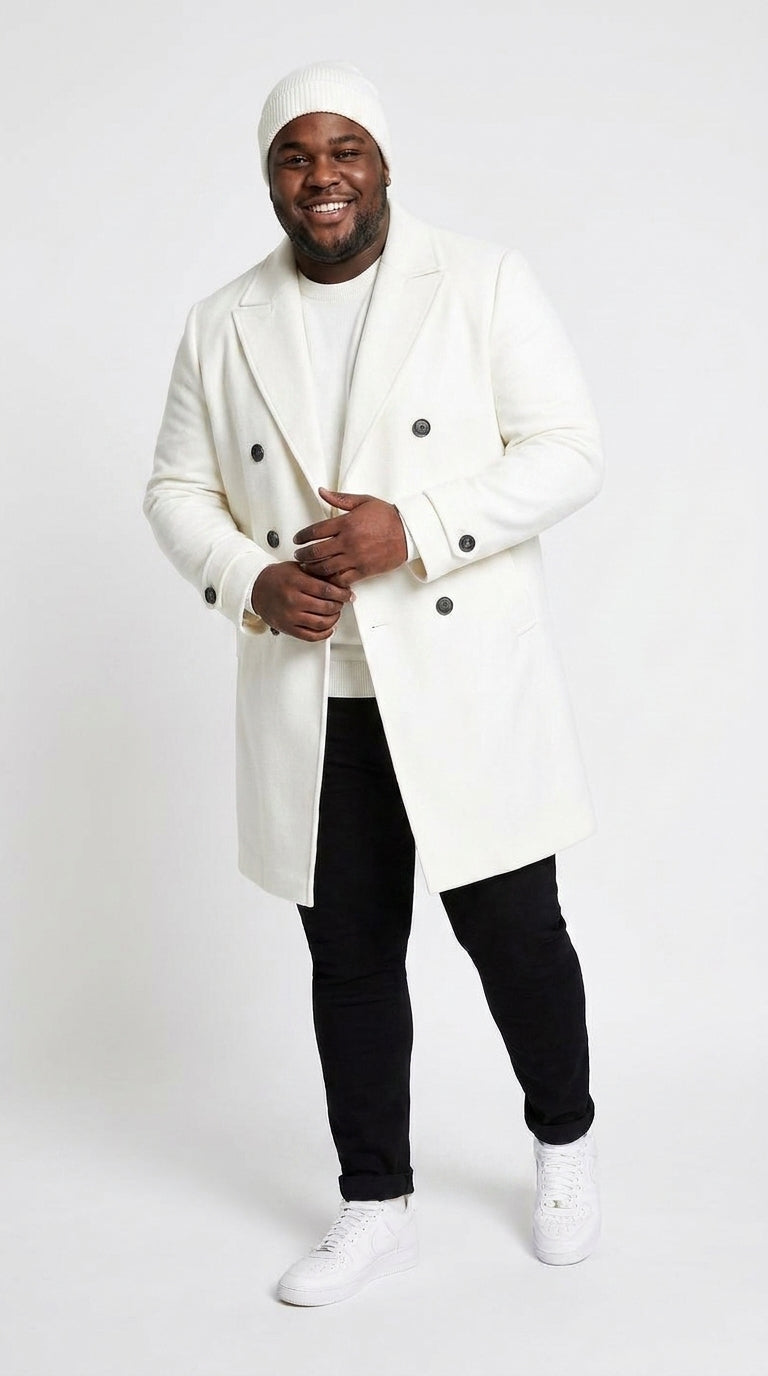 Men’s White Cashmere and Wool Double-Breasted Overcoat – Classic Car Coat for Business and Formal Wear