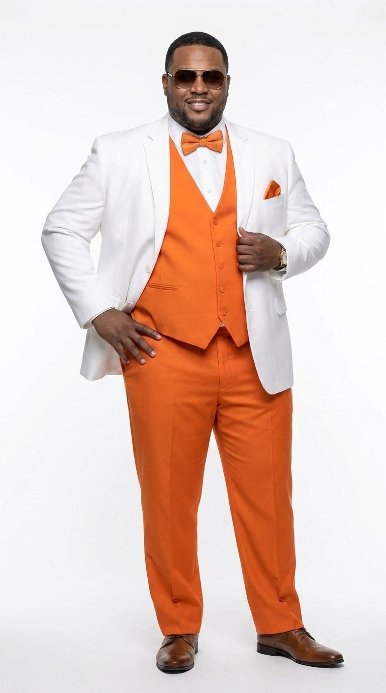 Men’s White and Orange Tuxedo Wedding Suit Set, Formal Prom Groom Dinner Suit