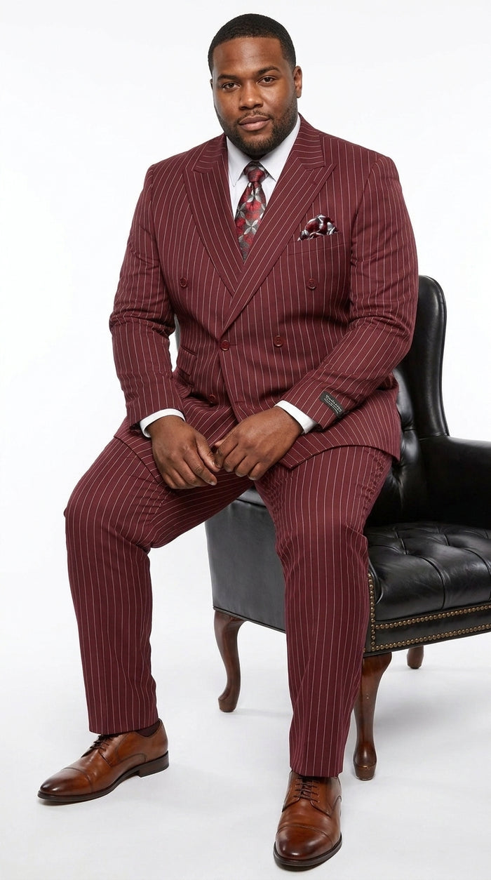 Men’s Maroon Pinstripe Double Breasted Suit, 6 Button Peak Lapel Formal Wedding Business Suit