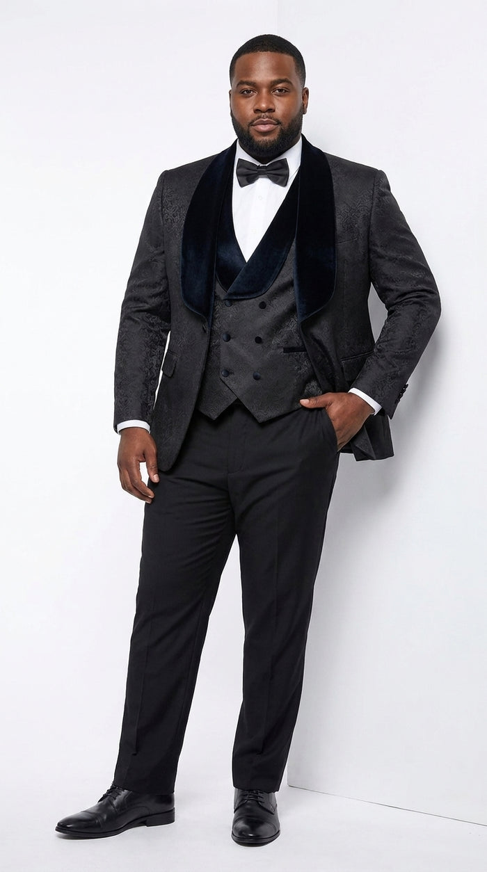 Men’s Black Designer 3-Piece Wedding Tuxedo – Wide Velvet Shawl Lapel Vested Formal Suit